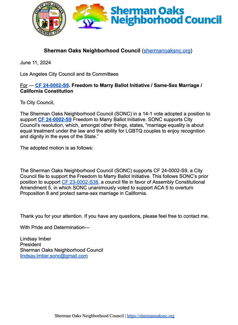 SONC Supports Freedom to Marry Ballot Initiative, Marriage Equality in California