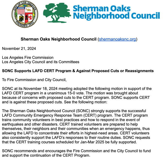 SONC Supports LAFD Cert Program, Opposes Proposed Cuts