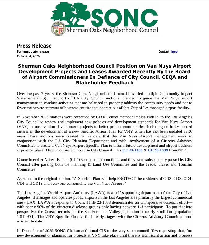 Sherman Oaks Neighborhood Council Position on Van Nuys Airport  Development Projects and Leases Awarded Recently By the Board  of Airport Commissioners In Defiance of City Council, CEQA and  Stakeholder Feedback